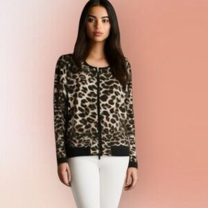 NEW York & Co 7th Ave Leopard Faux Leather‎ Trim Zip Jacket S New